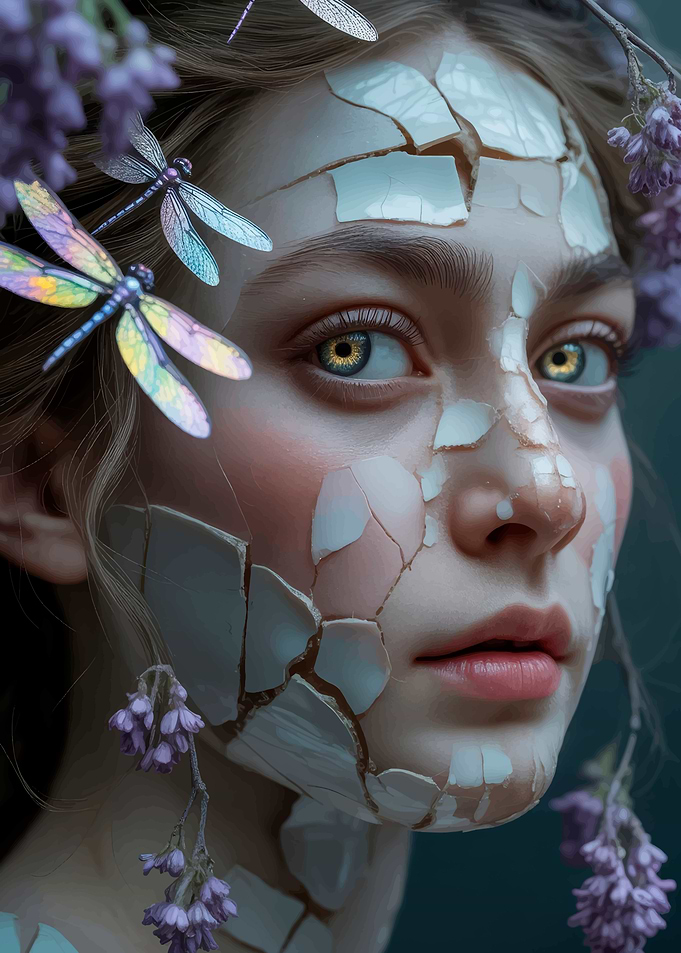Cracked Beauty with Dragonflies and Flowers