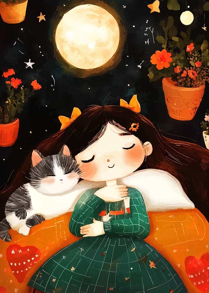 Girl and Cat Under Moonlight