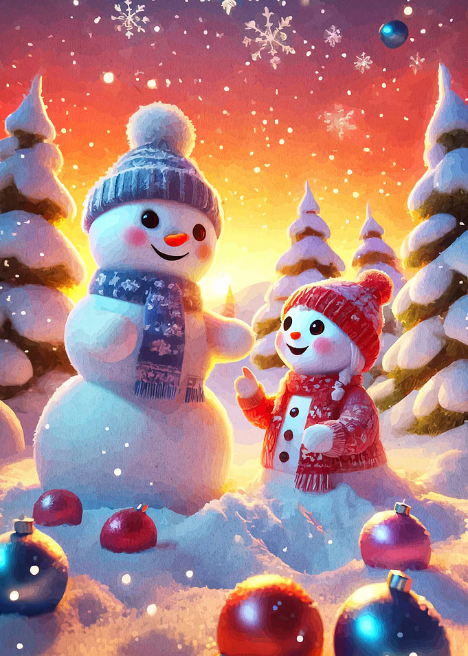 Snowman Family Christmas Scene