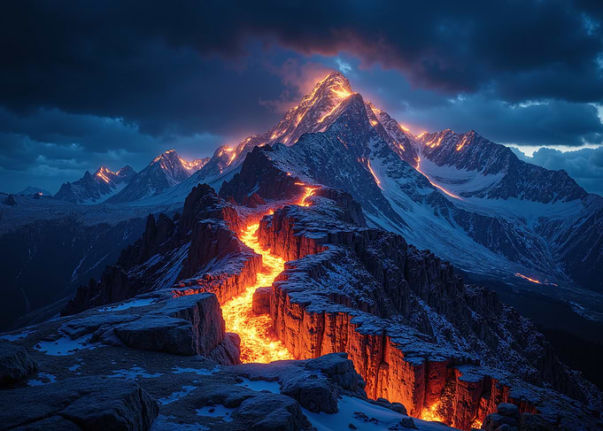 Lava Flowing Through Snowy Mountains