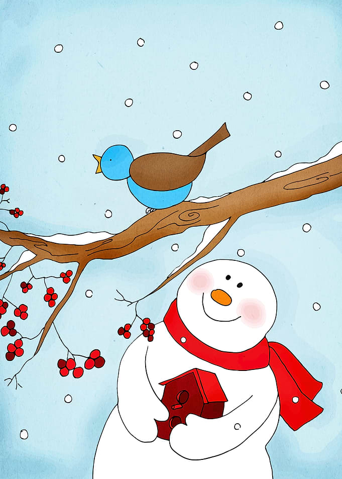 Snowman and Birdhouse Winter Scene
