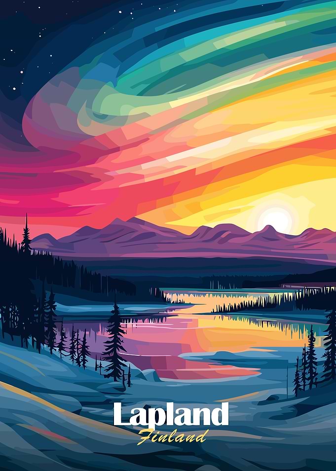 Lapland Finland Landscape with Aurora Borealis
