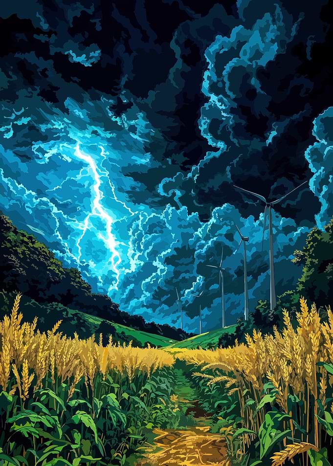 Wheat Field Lightning Storm Wind Turbines