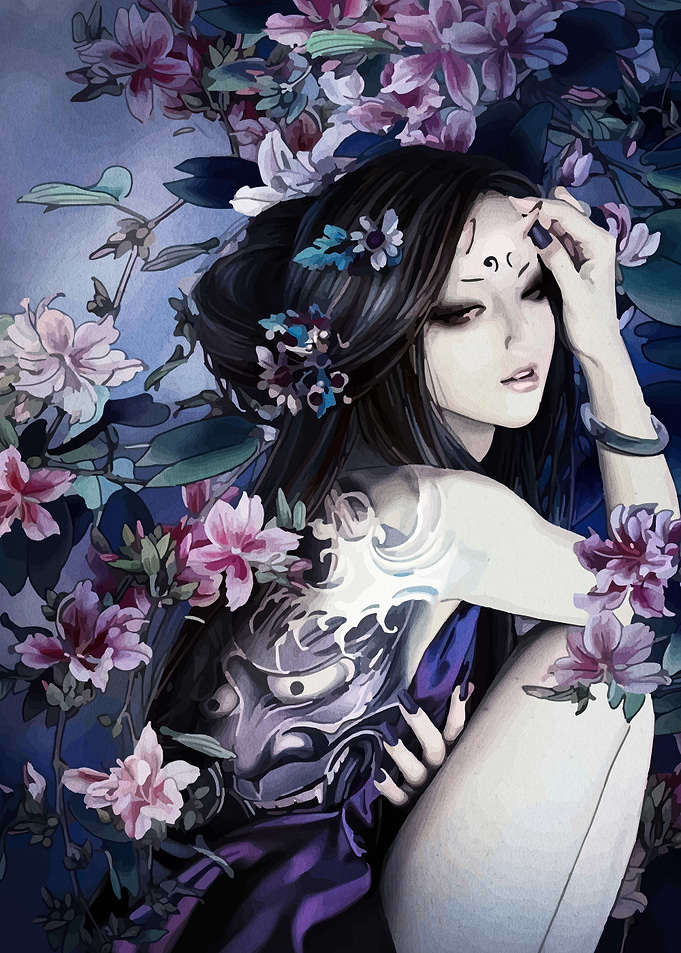 Anime Girl with Tattoo and Flowers