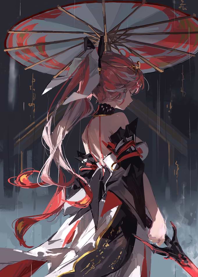 Anime Girl with Umbrella in Rain