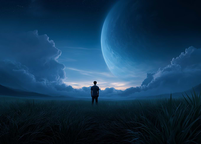 Man Gazing at Planet in Field