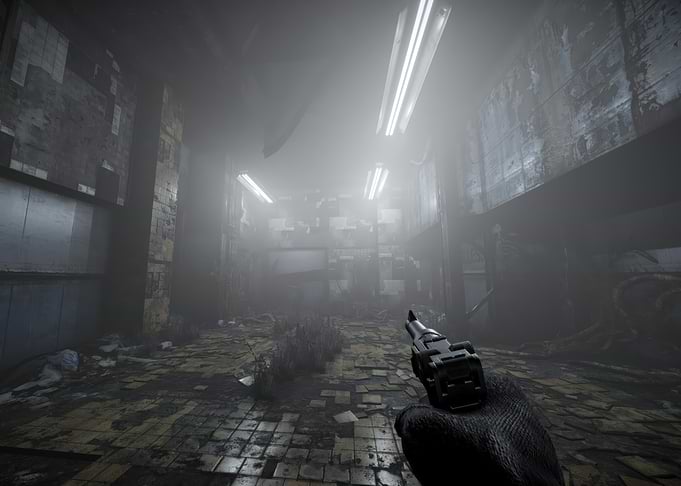 Total Chaos Gun in a Foggy, Abandoned Building