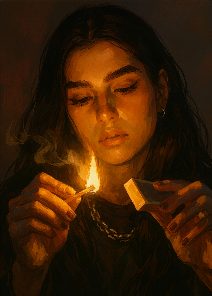 Woman Lighting Match in Dark Painting