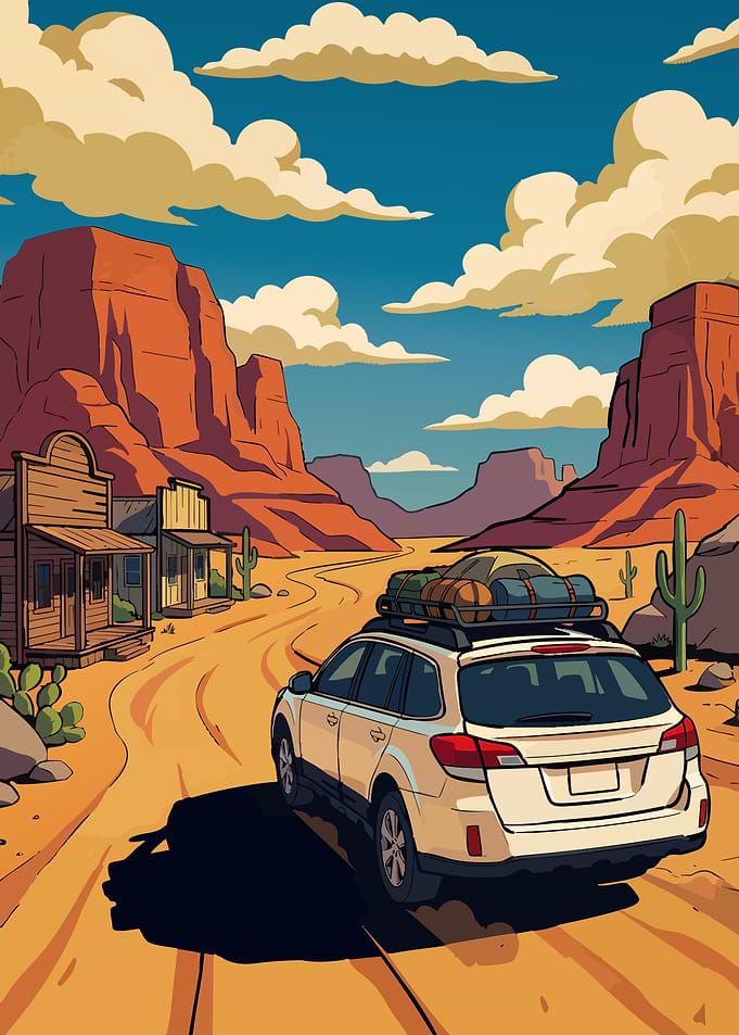 Desert Road Trip Cartoon Illustration