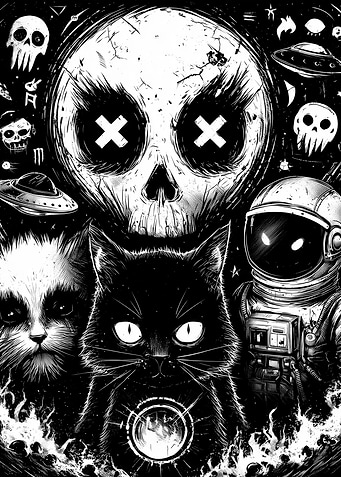 Monochrome Cats, Astronaut, and Skull