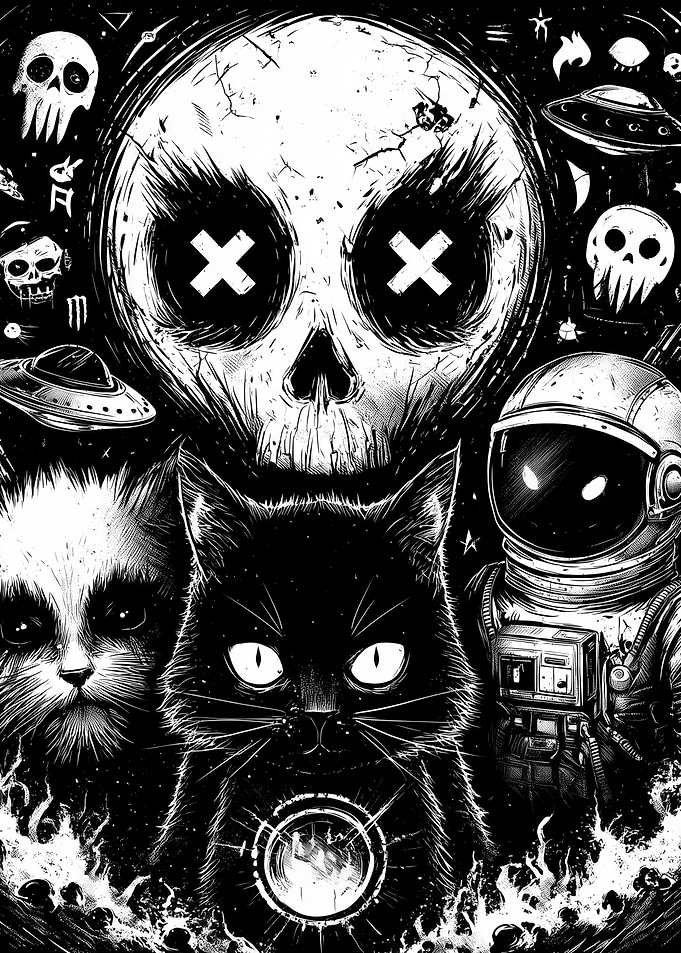 Monochrome Cats, Astronaut, and Skull