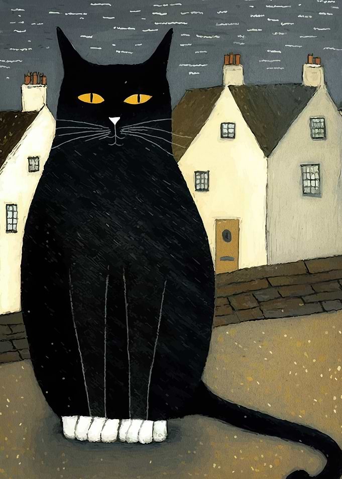 Black Cat in Village Painting