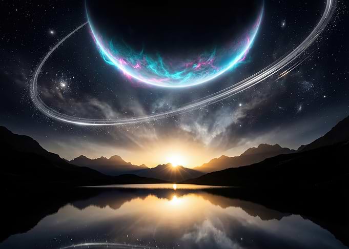 Cosmic Planet Over Sunrise Mountain Lake