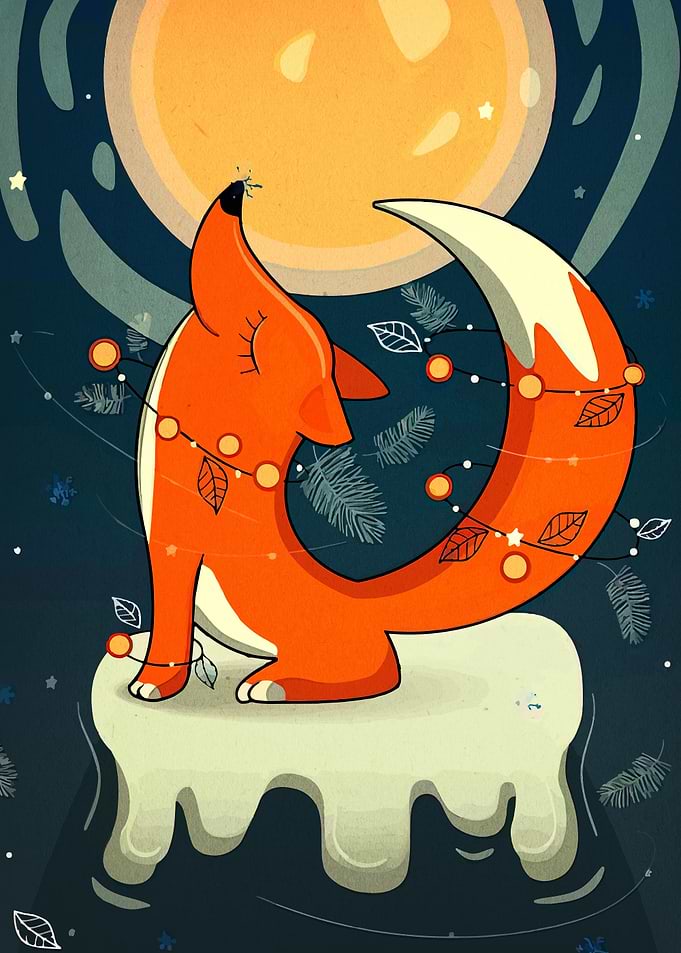 Cartoon Fox Howling at the Moon
