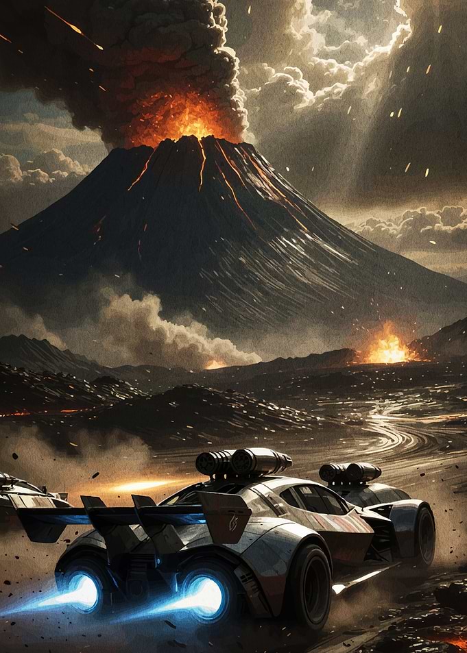 Futuristic Race Cars Volcano Landscape