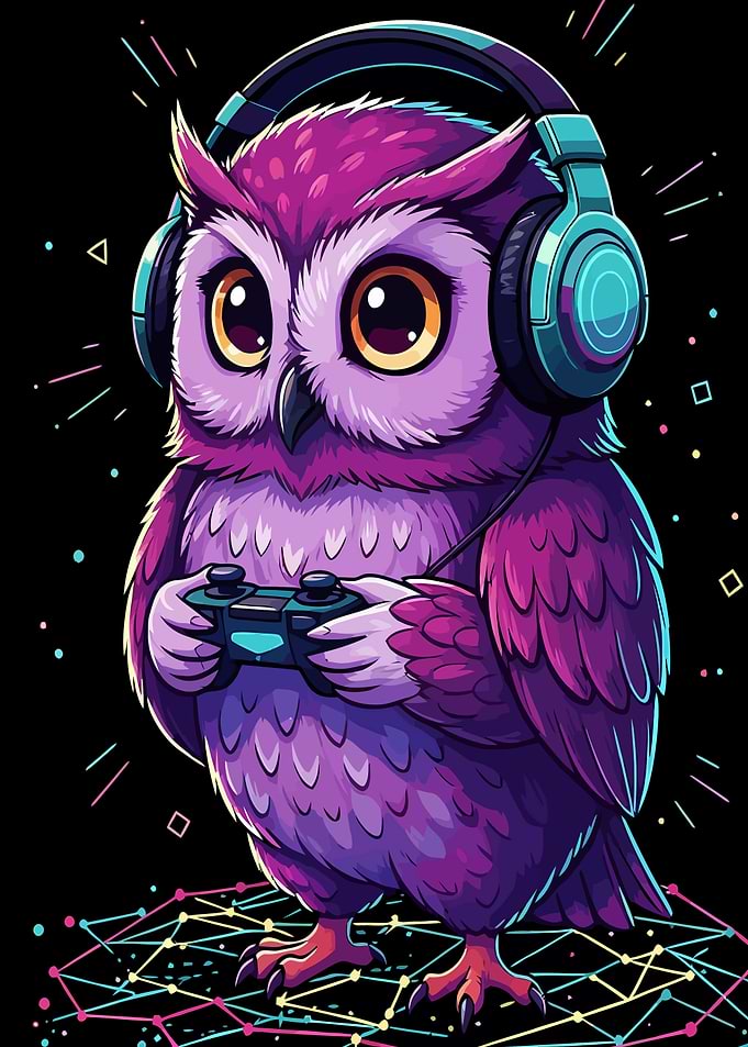 Gamer Owl with Headphones and Controller