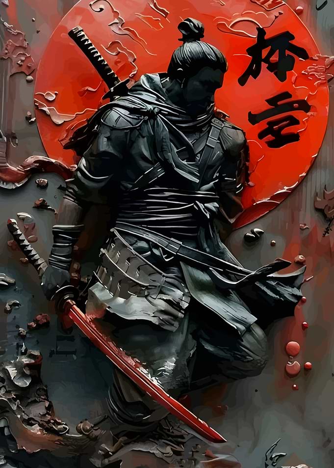 Samurai Warrior with Red Moon