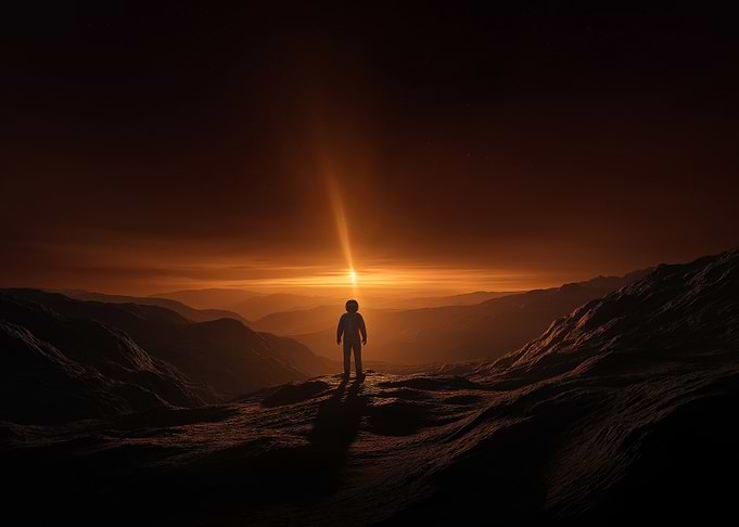 Astronaut on a Mountain at Sunset