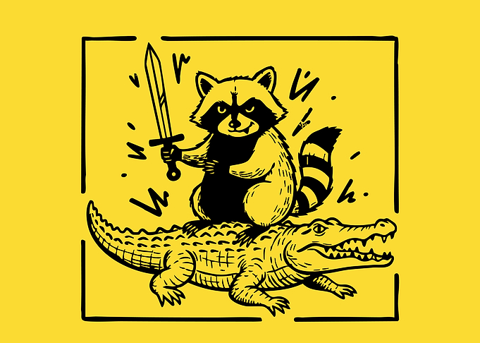 Raccoon riding crocodile with sword