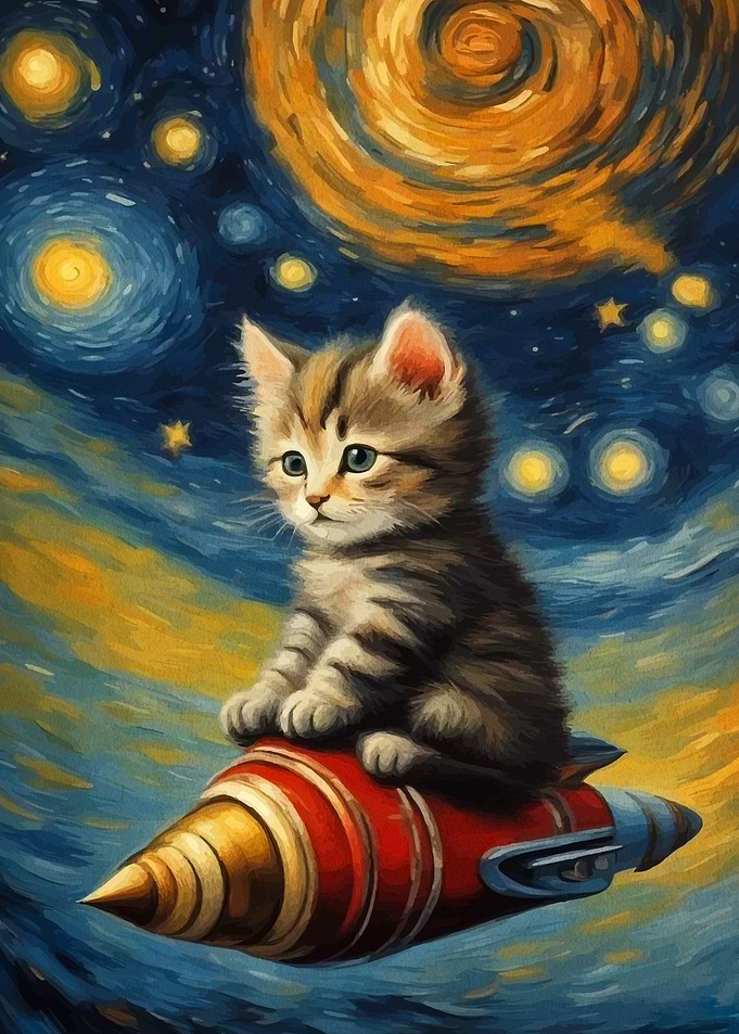 Kitten on Rocket in Starry Night