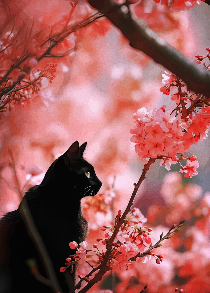 Black cat among cherry blossoms