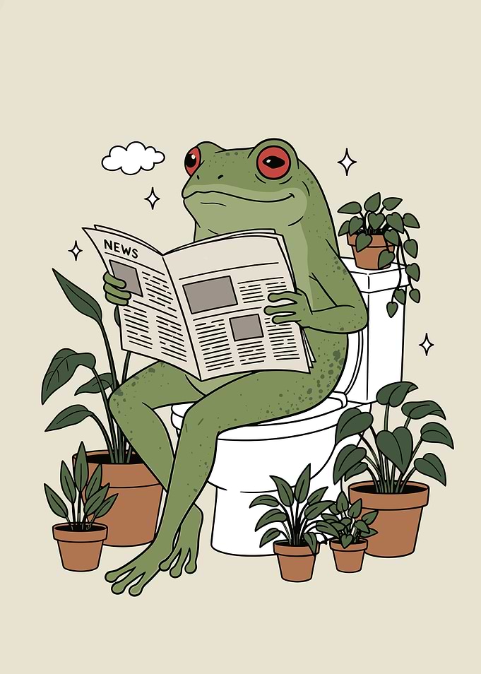 Frog reading newspaper on toilet