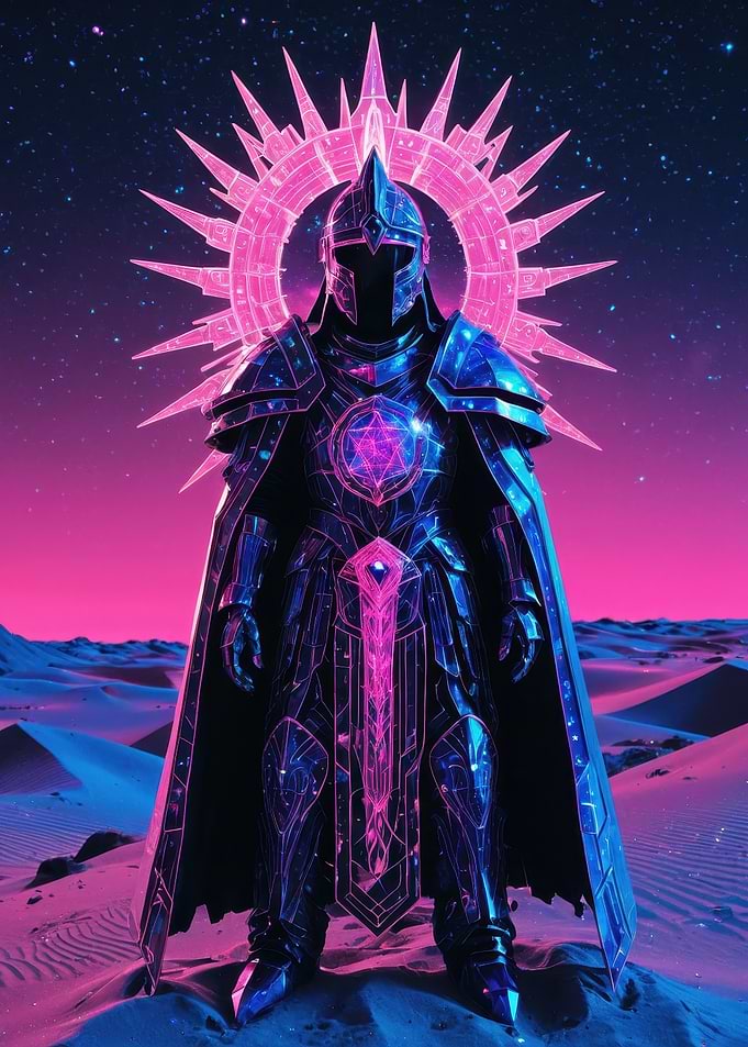 Neon Vaporwave Knight in Luminous Armor — Synthwave Fantasy Poster