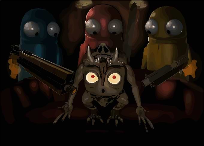 Cartoonish Creatures with Guns in Dark Setting