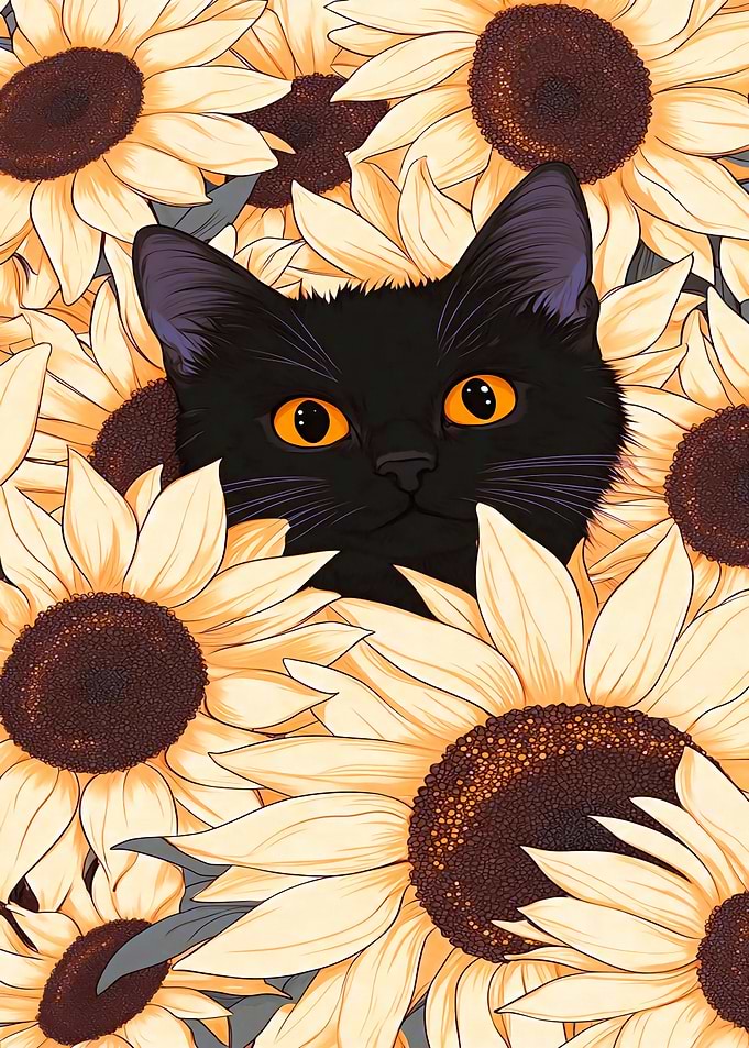 Black Cat in Sunflowers