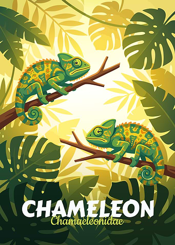 Chameleon Illustration with Tropical Leaves