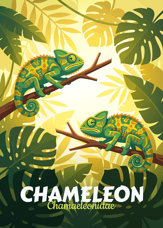 Chameleon Illustration with Tropical Leaves