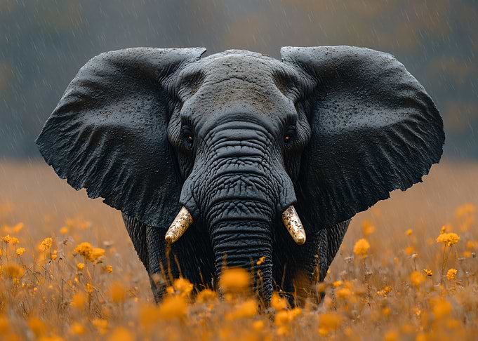Elephant in a field of flowers