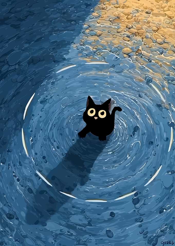Black Cat in Water Ripples Art