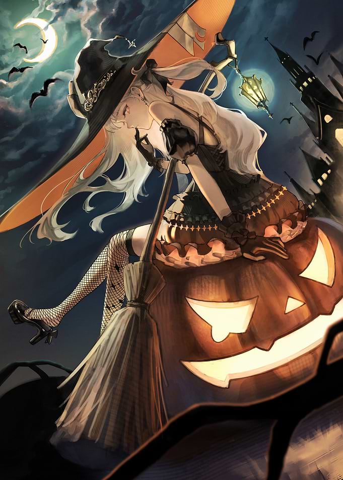 Anime Witch on Pumpkin Halloween Night