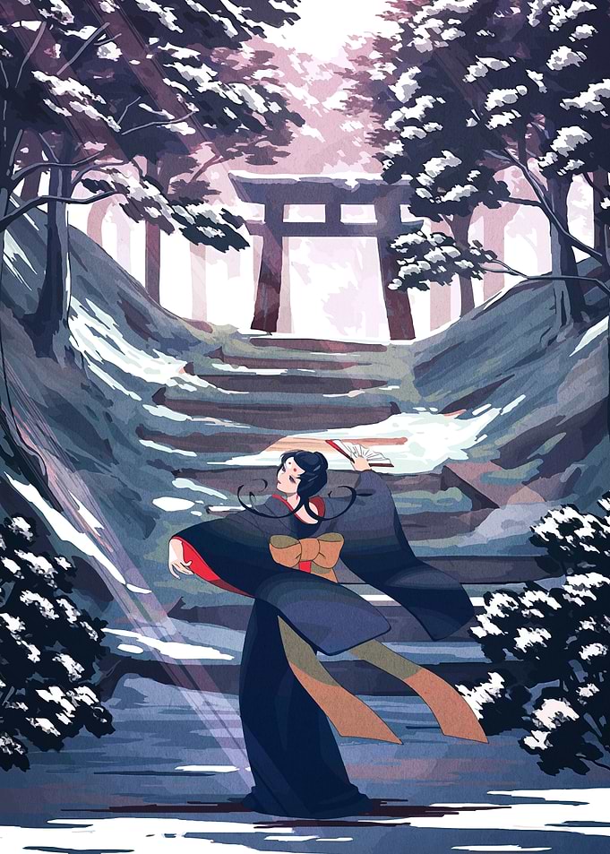 Woman in Kimono at Snowy Shrine