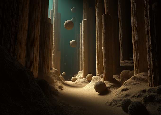 Surreal Landscape with Spheres and Pillars