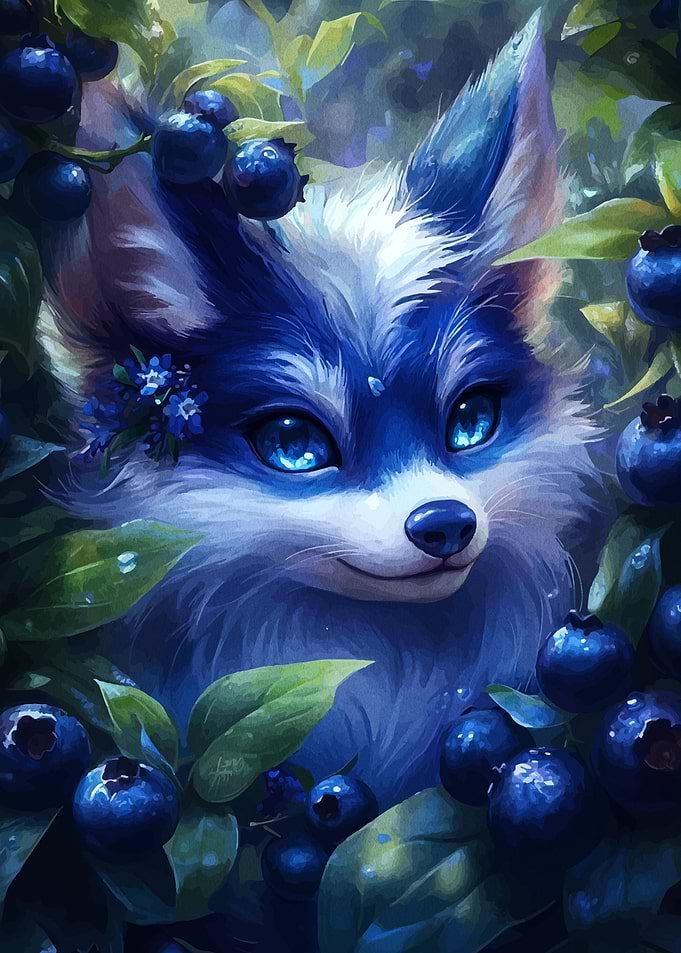 Blue Fox with Blueberries Illustration