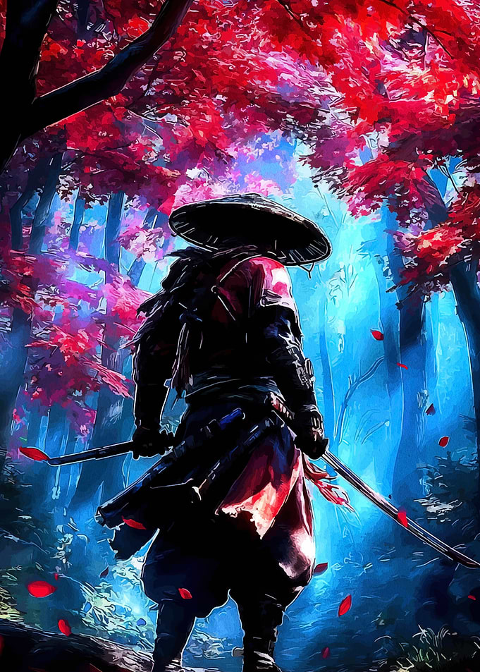 Samurai in Red Forest Digital Art