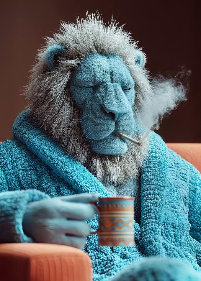 Relaxed Lion in Robe with Coffee