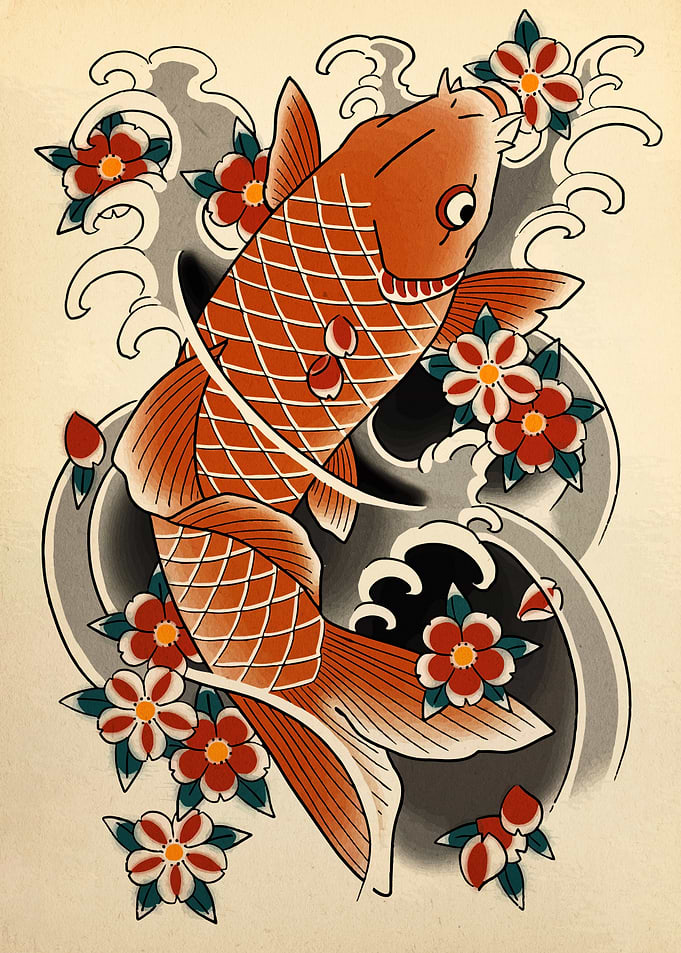 Koi Fish and Cherry Blossoms Art