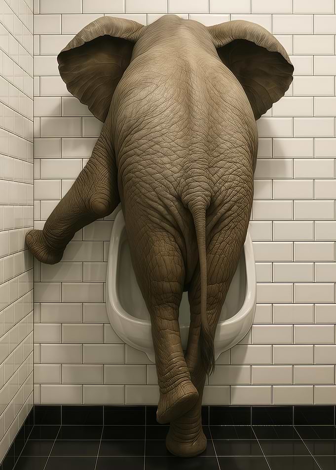 Elephant at Urinal in Bathroom Toilet