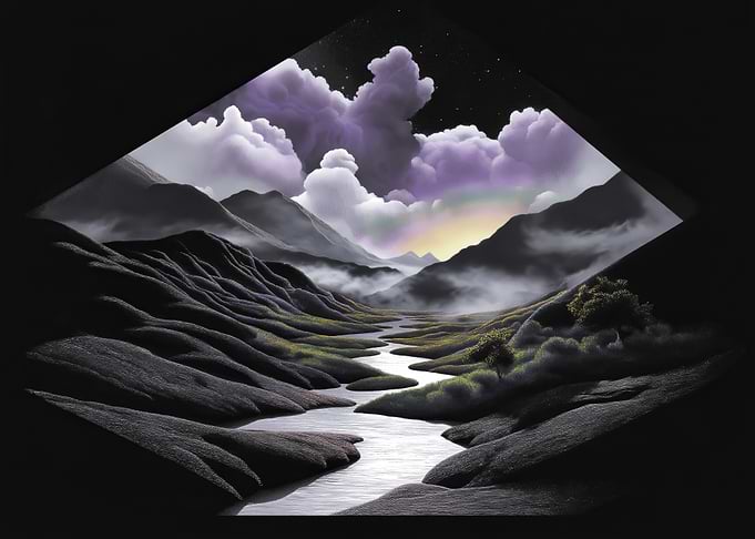 Mountain River Landscape with Cloudy Sky