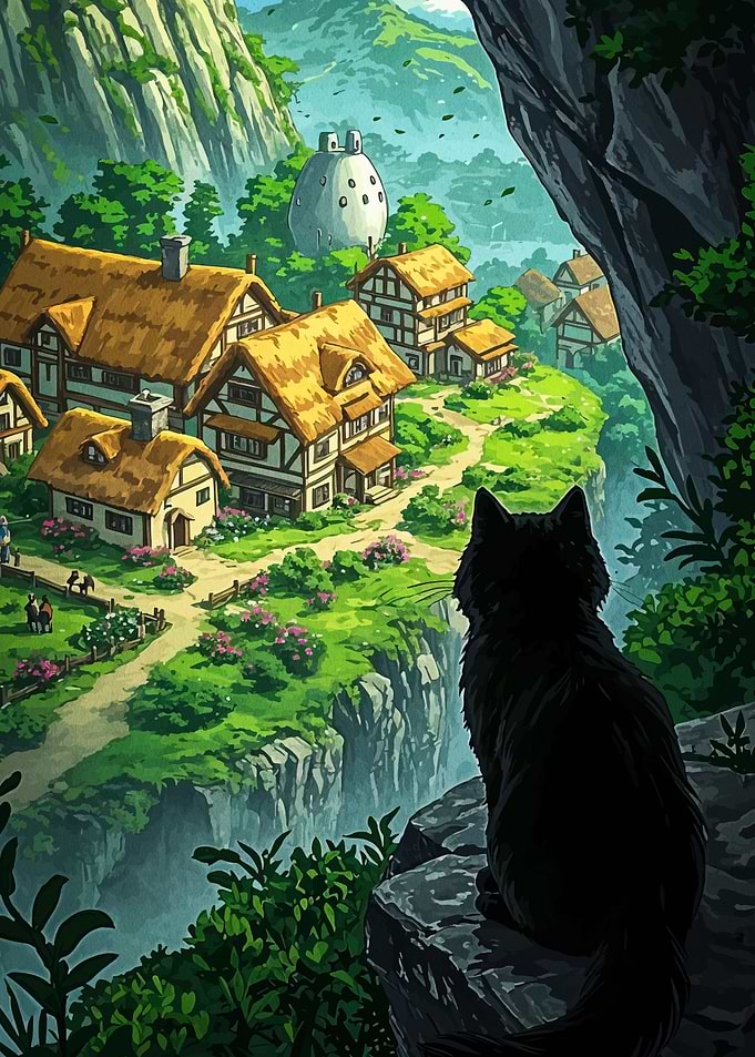 Fantasy Village Overlook with Black Cat