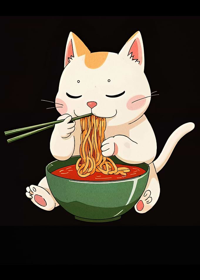 Cartoon Cat Eating Ramen Noodles