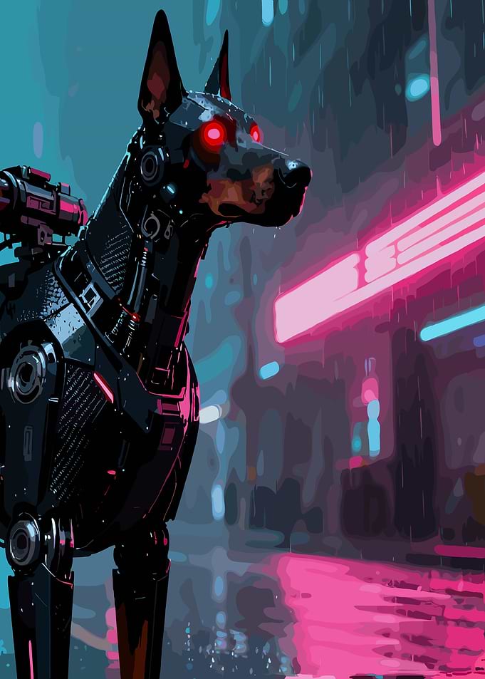 Cyberpunk Doberman in Neon Cityscape