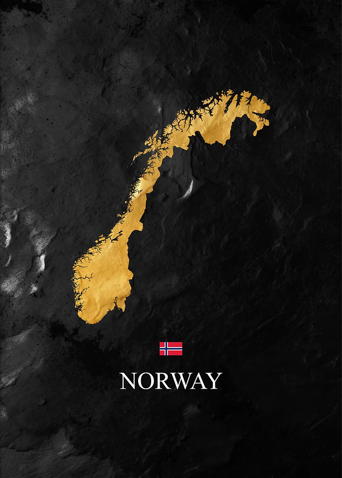 Golden Norway Map on Dark Background