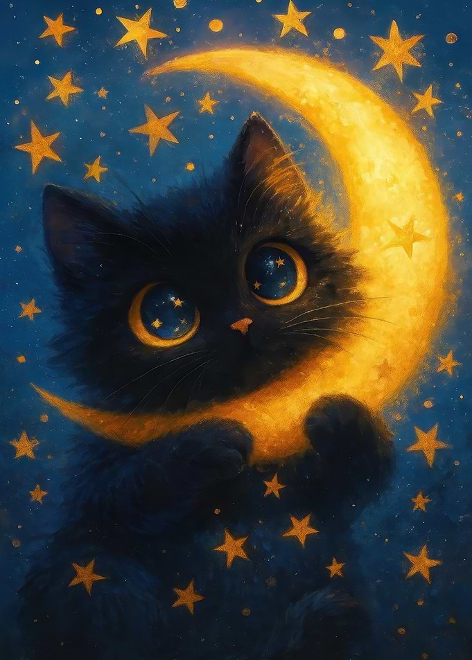 Cute Black Cat on Crescent Moon