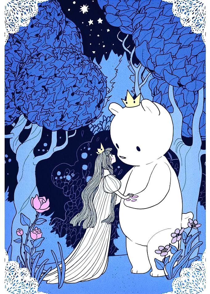 Princess and Bear in Blue Forest