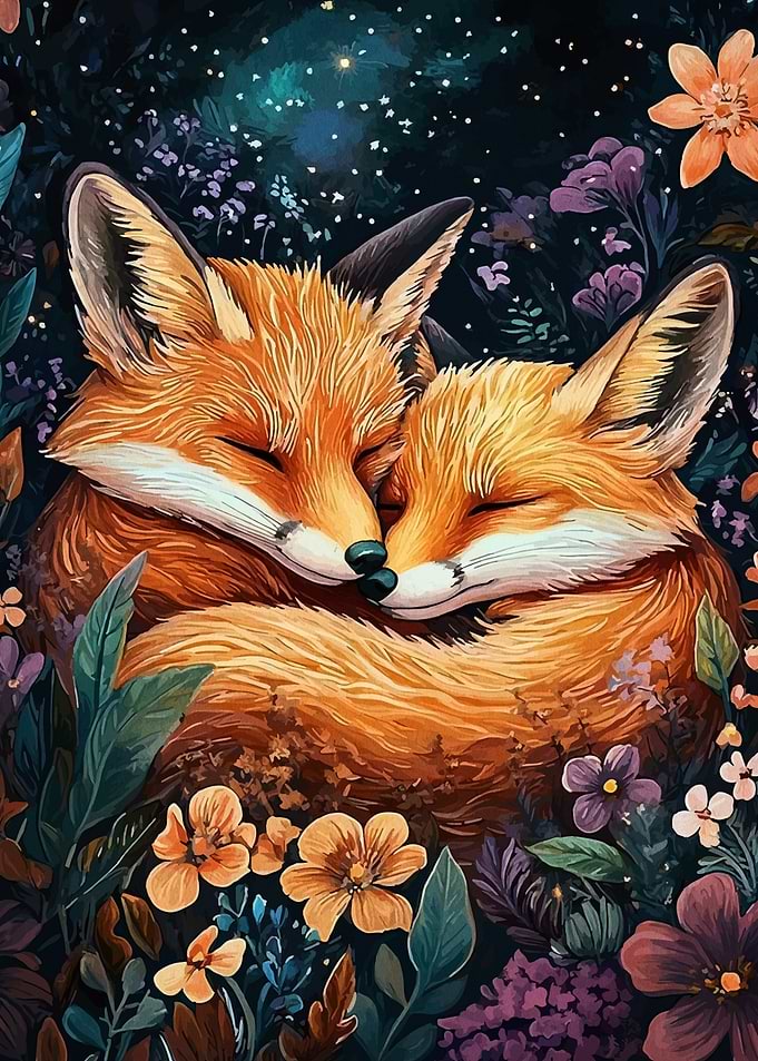 Foxes in Love amidst Floral Night