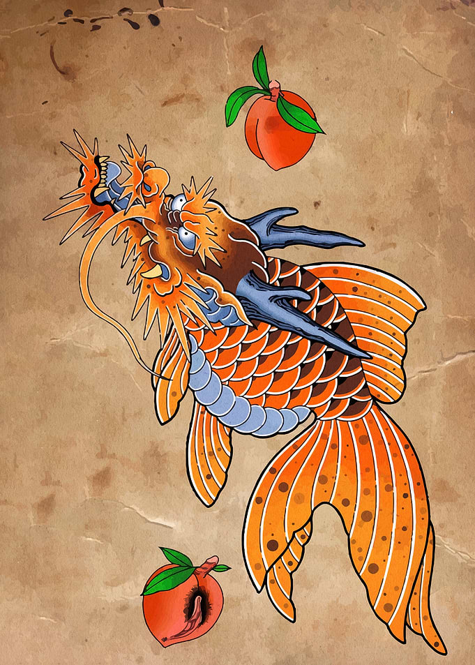 Dragon Fish with Peaches Illustration